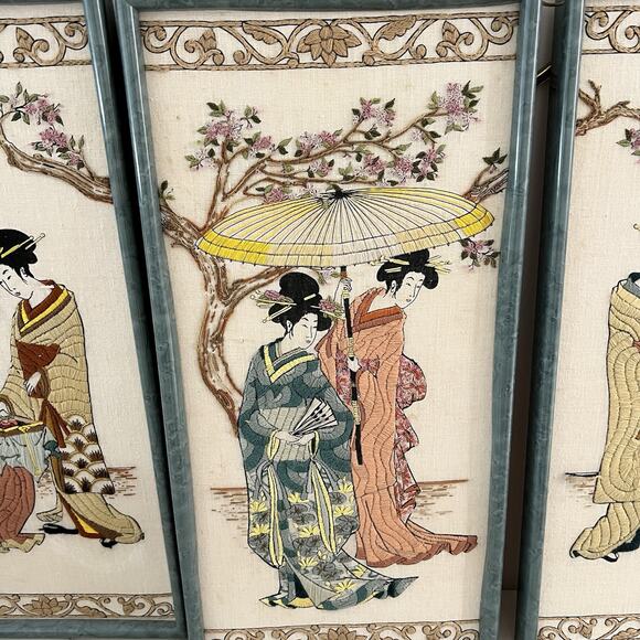 Vintage 1980s Japanese Antique Needlepoint Framed Wall Art Hand Stitched Framed - Picture 3 of 12